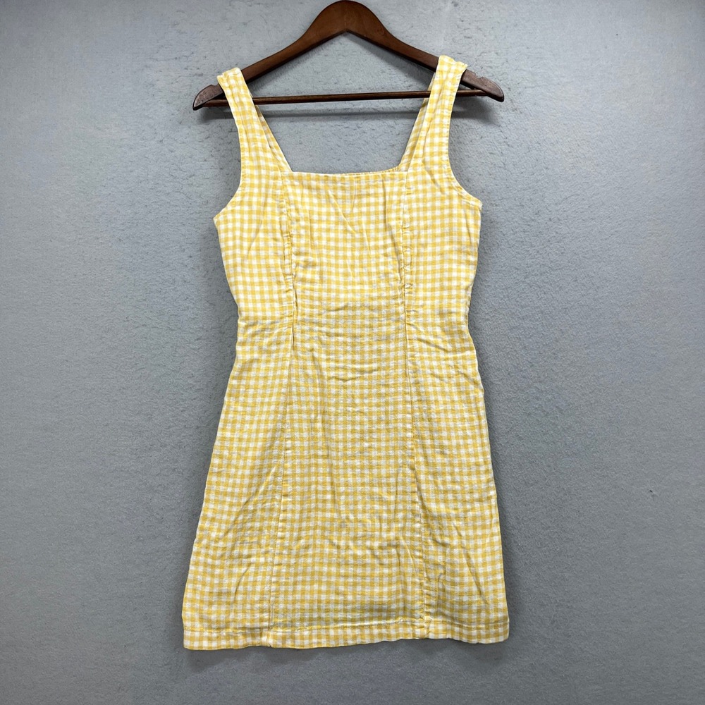 Old Navy Mini Dress Women M Yellow Gingham Linen Blend Smocked Back Summer
